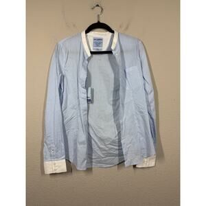 Les Canebiers Large Flat Collared Button Up Shirt Sky Blue Striped Cotton Blend